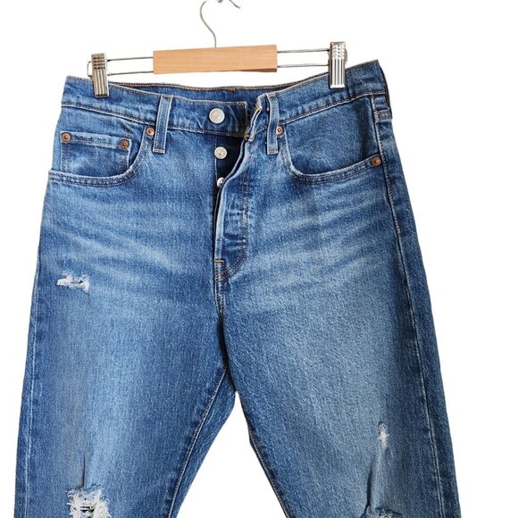 Levi's 501 Jeans Womens W27 28x28 Button Fly Medium‎ Wash Denim Distressed - Picture 2 of 14